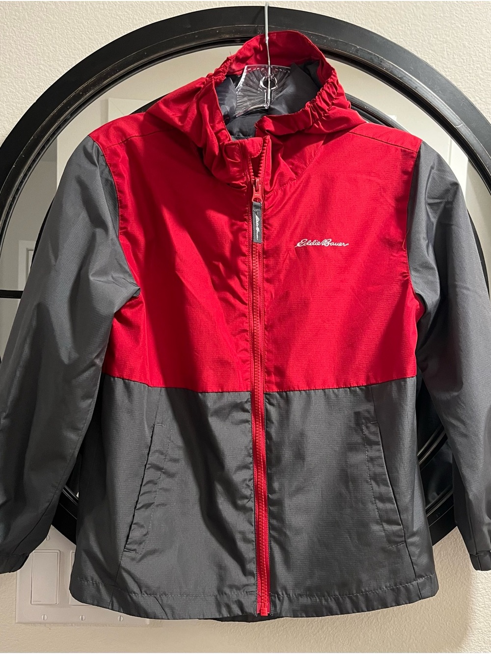 Eddie Bauer Red and Gray Kids Hooded Raincoat